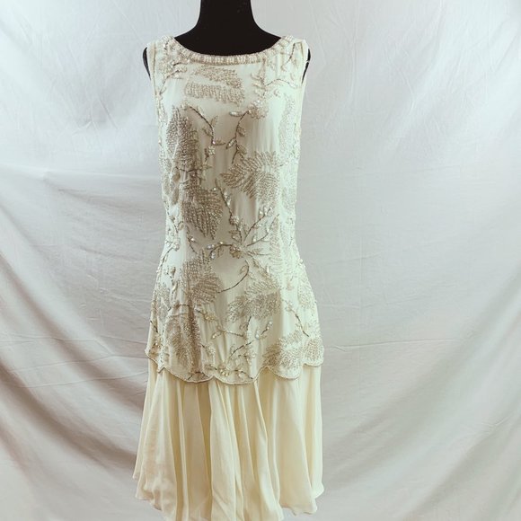 Vintage Cream Chiffon Beaded Evening Dress - Picture 2 of 6
